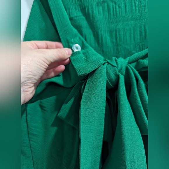 Pink Desert Green Overalls Dress with Bow in Back - Picture 3 of 5